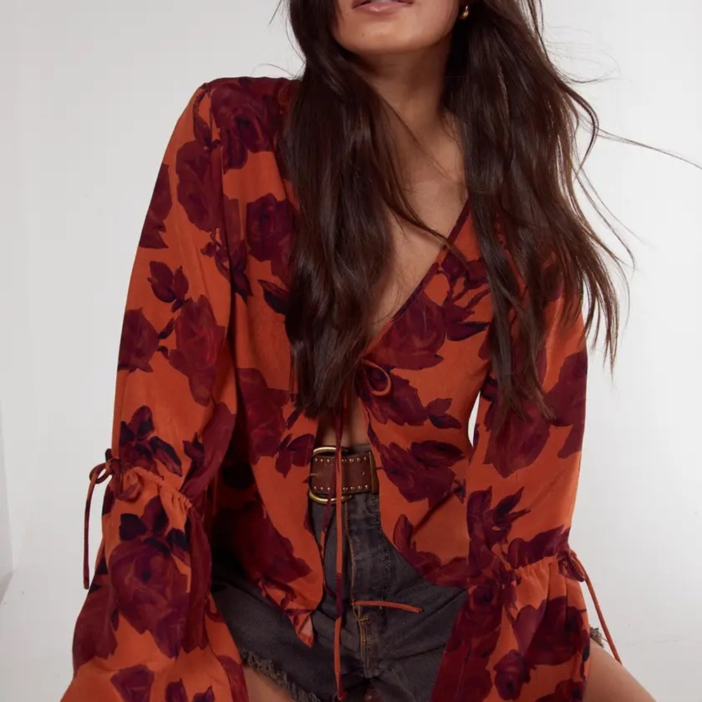 Nasty Gal Orange and Purple Floral Tie-Front Blouse